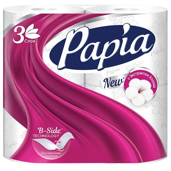 Туалетная бумага Papia трехслойная белая 4 шт